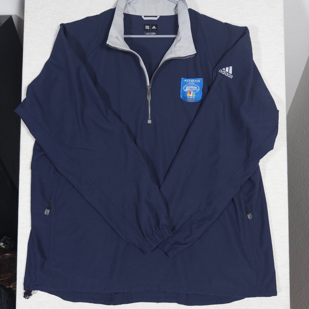 VTG Adidas Windbreaker XL Mens Athens 2004 Olympics NBC 1/4Zip Pullover Navy Blu